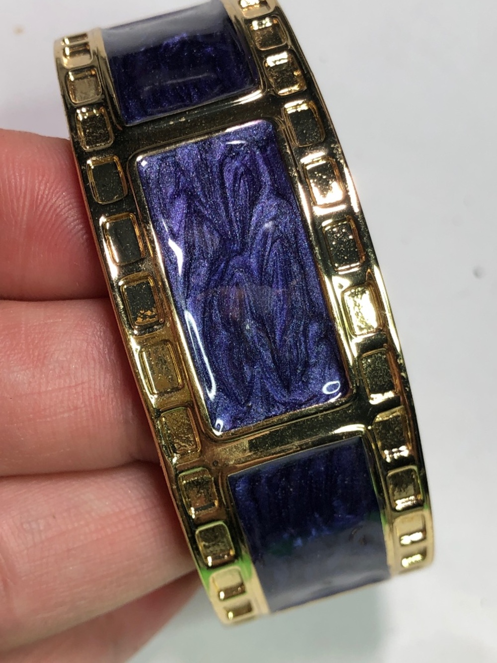 Purple enamel gold tone clamped bangle bracelet